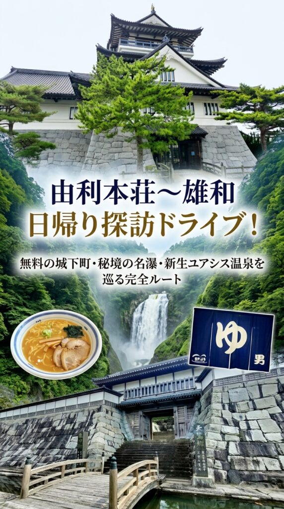 由利本荘〜雄和 日帰り探訪ドライブ！無料の城下町・秘境の名瀑・新生ユアシス温泉を巡る完全ルート